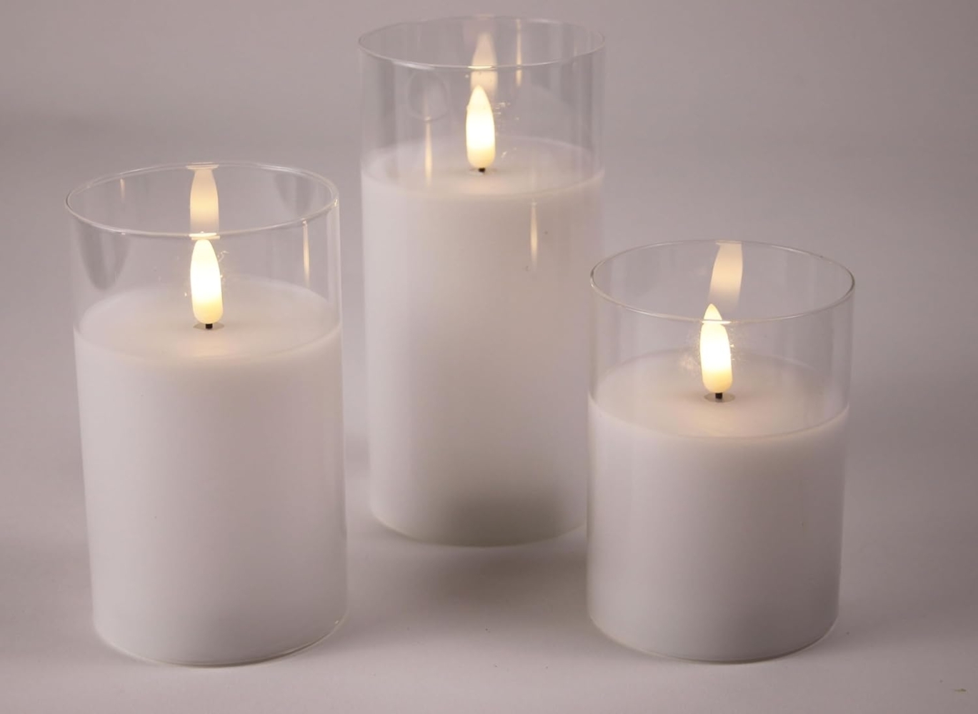 Wachskerzen 3D-Flackern 3-teilig weiß, transparentes Glas 6/18 A/A Bild 1