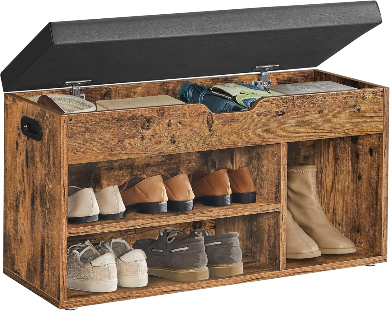 Vasagle Schuhbank mit 3 Fächern und Stauraum, Holzspanplatte Vintage/Dunkelbraun, 80 x 30 x 44 cm Bild 1