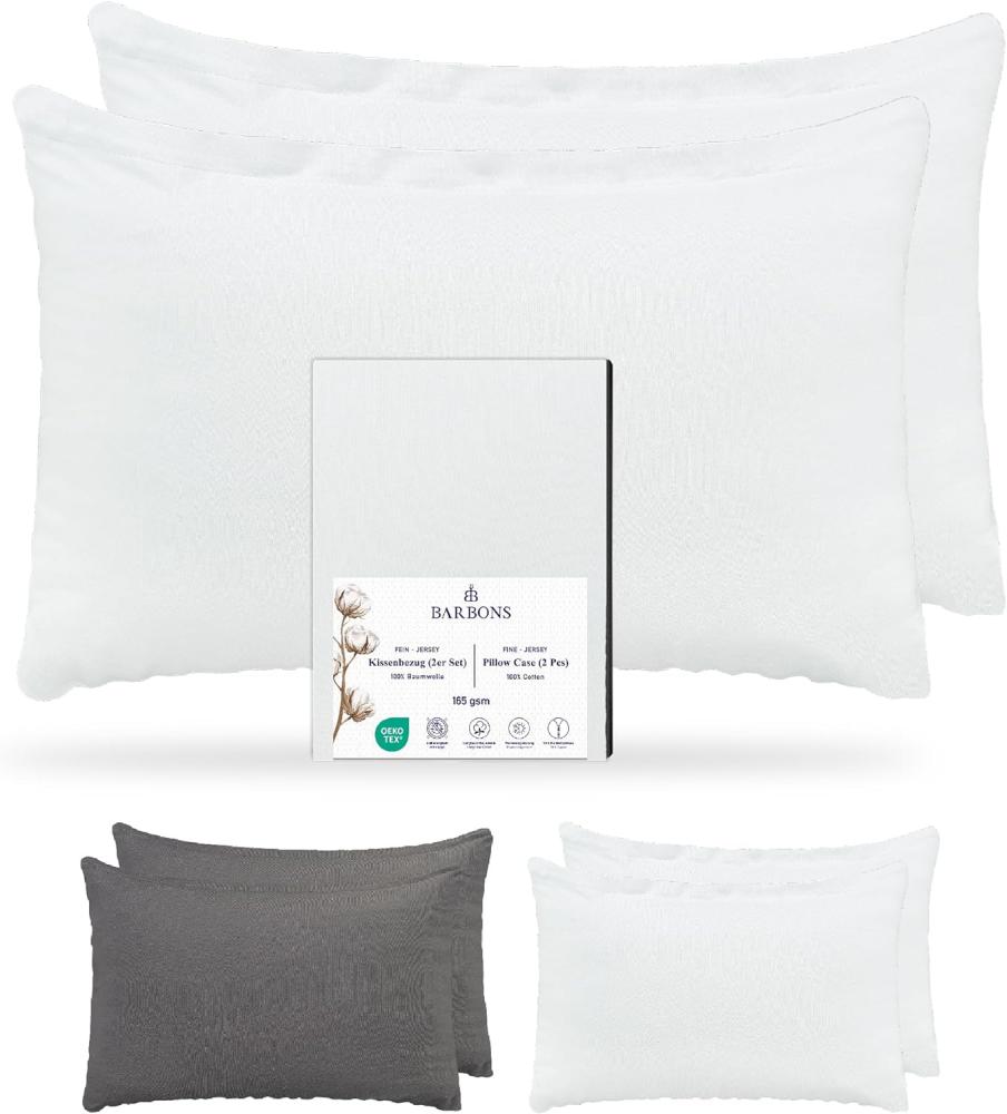 Barbons Kissenbezug 40x60 Weiss 2er Set – 165 g/m² Oeko-TEX Zertifiziert Kopfkissenbezug 100% Jersey Baumwolle weiche Kissenbezüge Kissenhülle mit Reißverschluss (40x60-Weiss) Bild 1