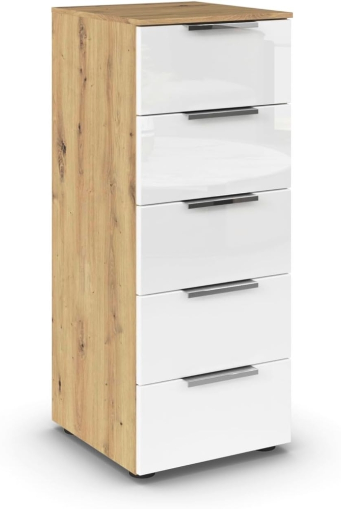 Rauch Möbel Flipp, schmale Hochkommode mit viel Stauraum für Flur, Wohnzimmer, Schlafzimmer, Eiche Artisan/Glasfront Weiß, 5 Schubkästen, Griffe chrom, 40 x 100 x 42 cm Bild 1