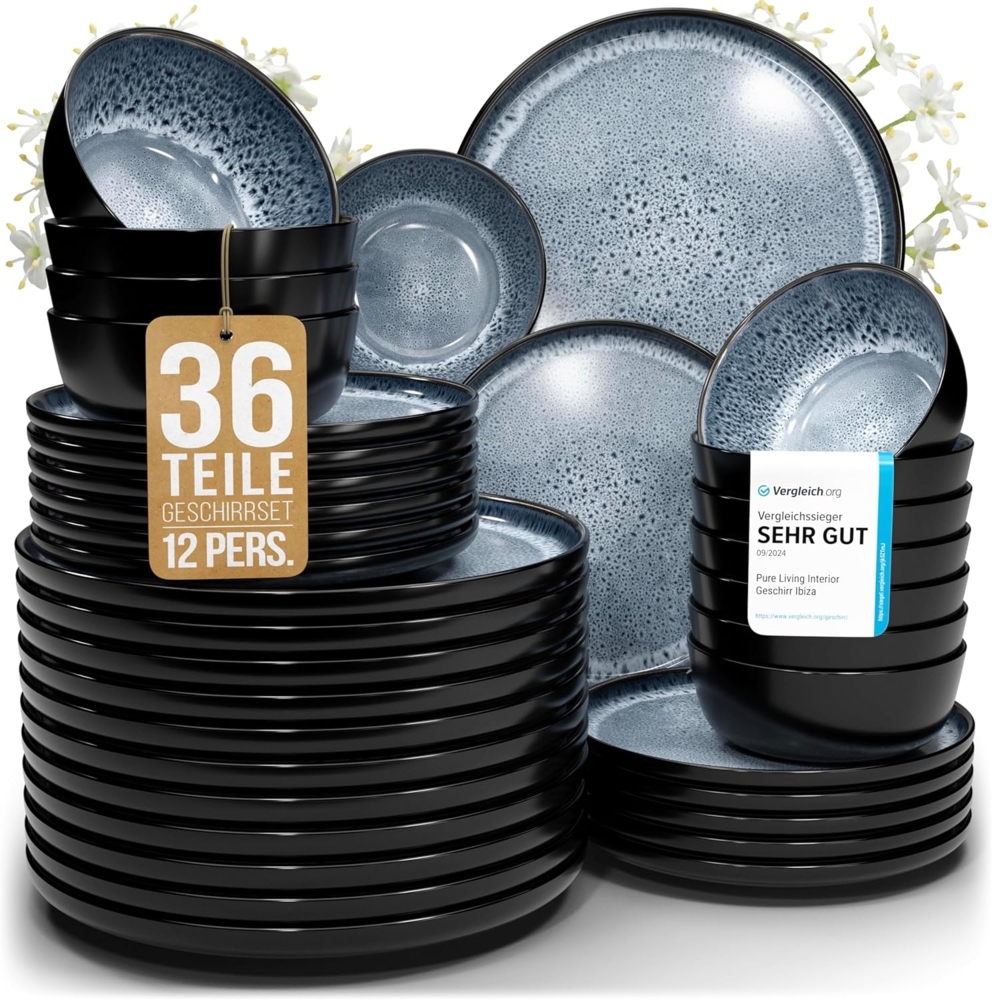 Steingut Geschirrset 12 Pers. Ibiza 36-tlg Hochwertiges Mediterranes TEST SEHR GUT Steingut Geschirr Set - Schüssel- und Teller Set - Tafelservice 12 Personen Geschirrsets Pure Living in Rauchblau Bild 1