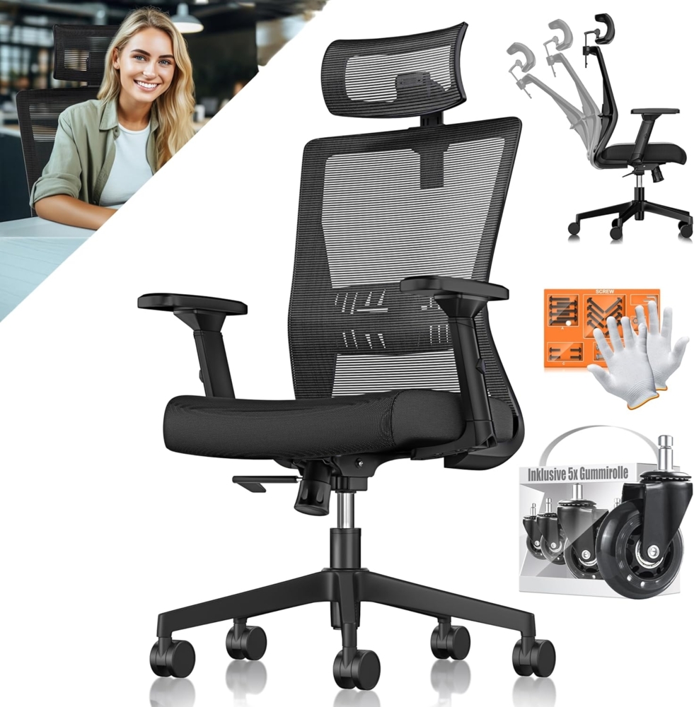 KESSER® Bürostuhl mit verstellbaren Armlehnen | Drehstuhl mit Lendenwirbelstütze Rückenschonend | Schreibtischstuhl ergonomisch mit Kopfstütze | Office Chair Wippfunktion bis 125° mit 5x Gummirollen Schwarz / Schwarz Bild 1