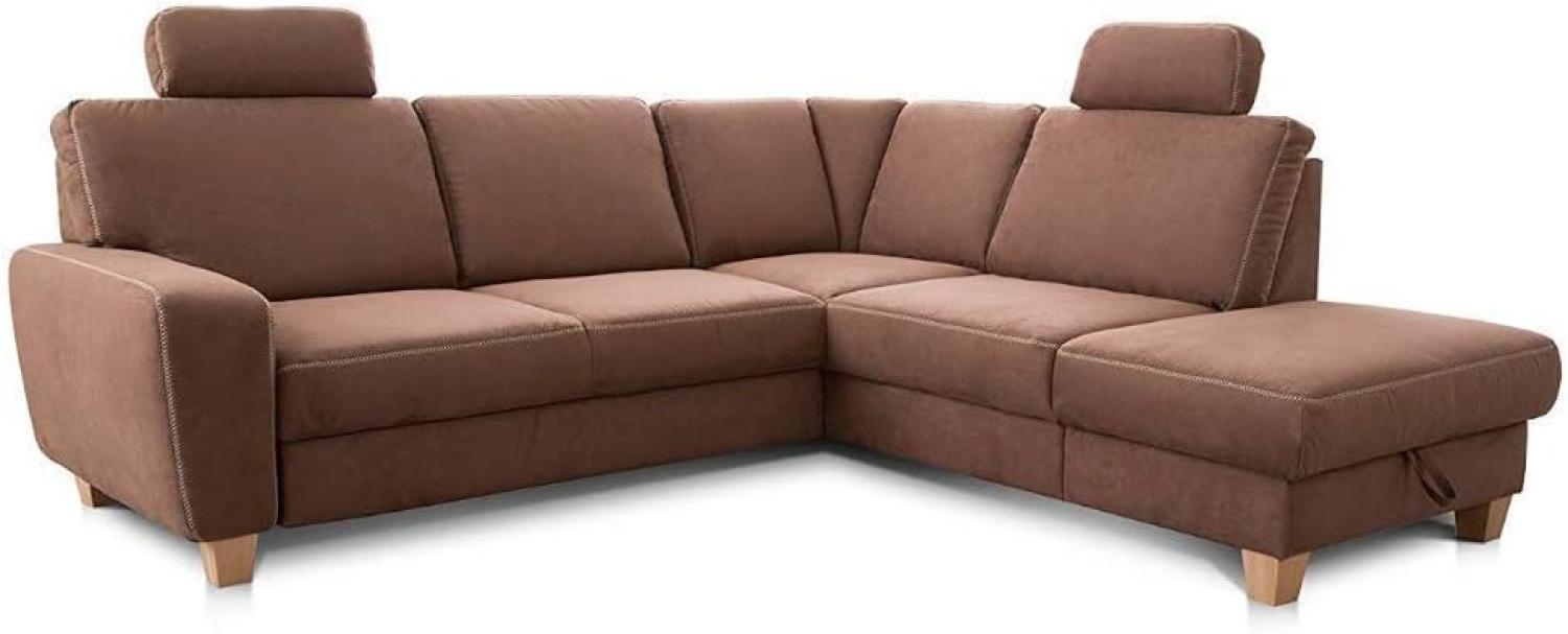 Cavadore Ecksofa Wisconsin mit Bettfunktion / Schlafsofa mit Federkern / Inkl. 2 Kopfstützen + Stauraum / Landhausstil / Holzfüße in Buche / Mikrofaser / 248 x 88 x 215 cm / Braun Bild 1