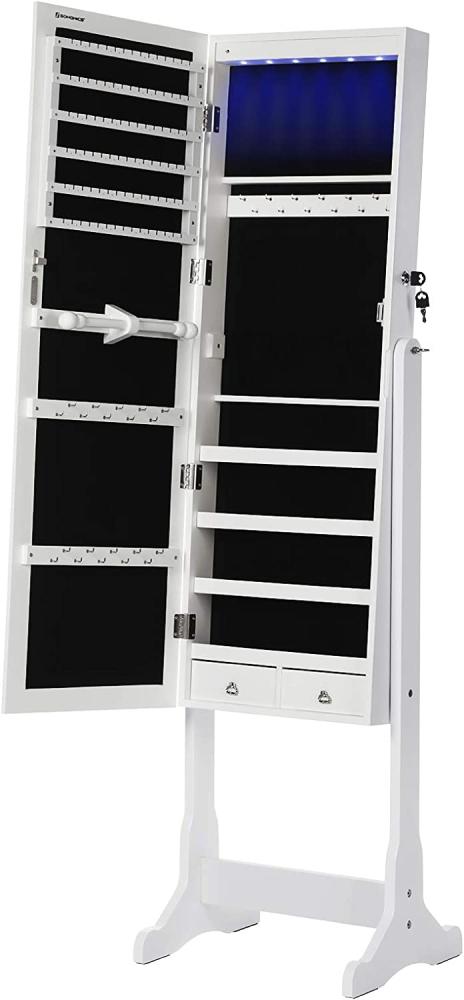 Songmics LED Beleuchtung Schmuckschrank, mit Spiegel, 4 Ablagen und 2 kleinen Schubladen, abschließbar, MDF Weiß, 41 x 151 x 36,5 cm Bild 1