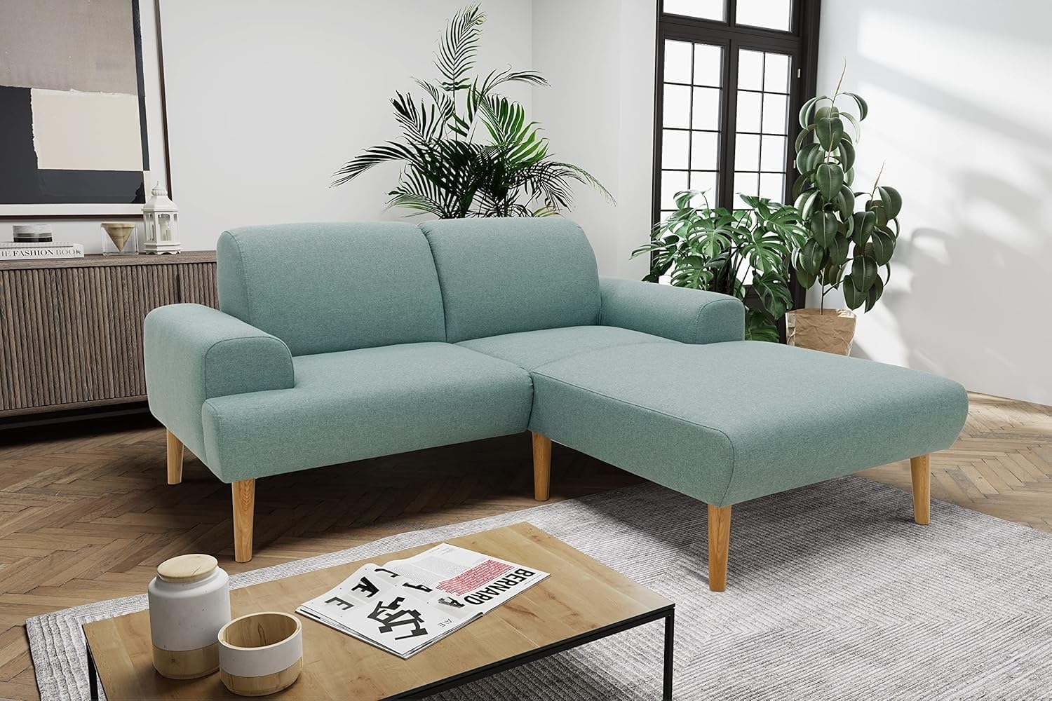 DOMO Collection Salinas Ecksofa mit Federkern, kleines Federkernsofa mit Holzfüßen und schwebender Optik, Sofa, Couch, Eckcouch, Eisblau, 217x176 cm Bild 1