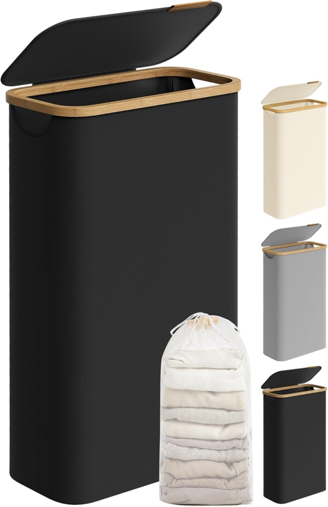 SONGMICS Wäschekorb mit Deckel und herausnehmbarem Wäschesack, zusammenklappbar, Bambus / Oxford-Gewebe tintenschwarz, 65 l Bild 1