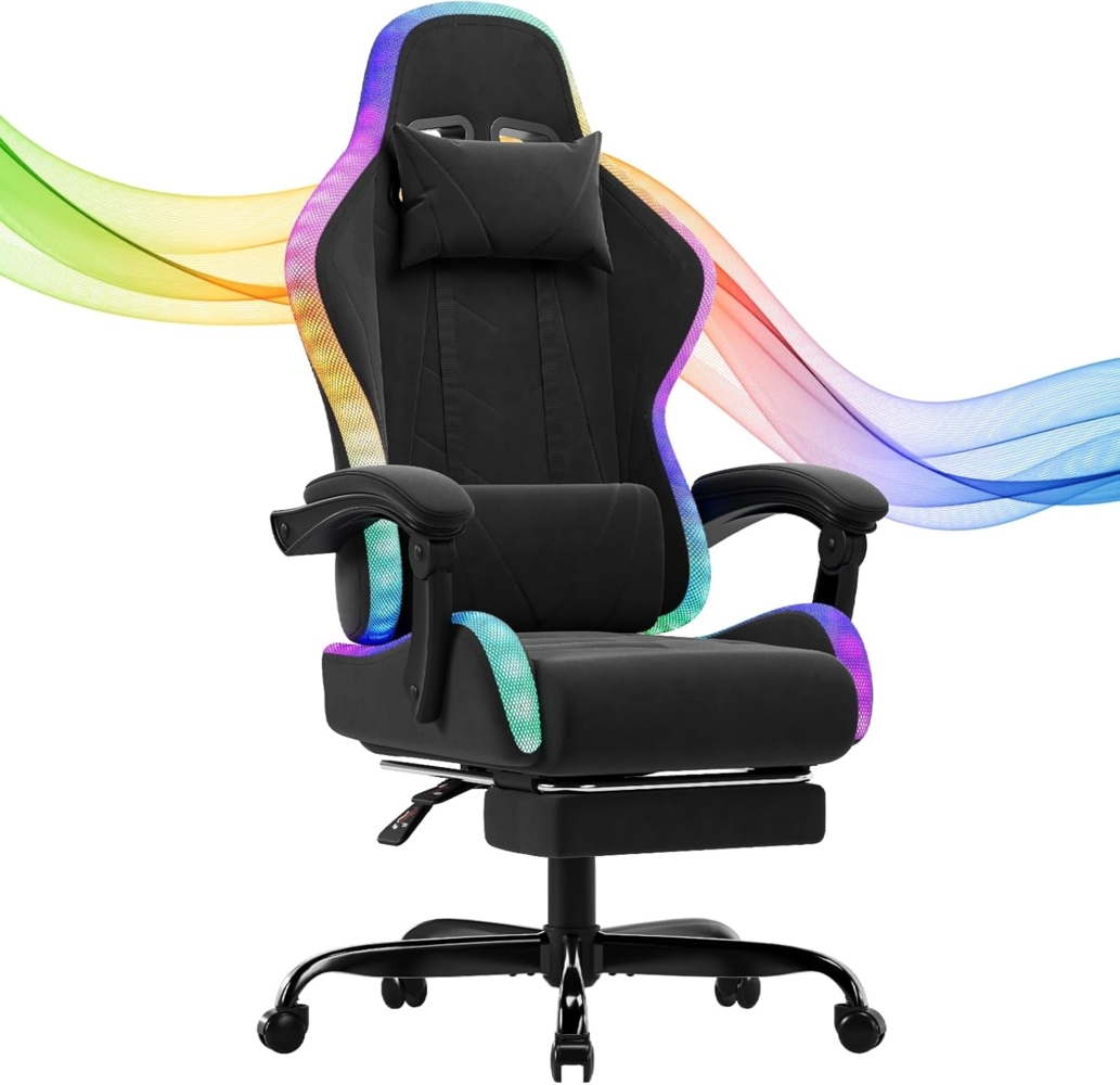 JUMMICO Gaming Stuhl Stoff mit LED, Bürostuhl Ergonomisch mit Massage-Lendenwirbel und Fußstütze, 90°-135° Gaming Sessel mit Kopfstütze und Massage-Lendenwirbelstütze, 150 kg, Dunkelgrau Bild 1
