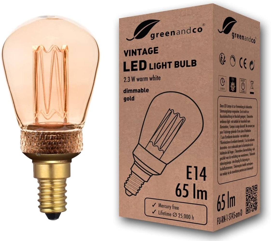 greenandco LED Vintage Glühbirne zur Stimmungsbeleuchtung | dimmbar | E14 ST45 | gold | 2,3W 65lm | 1800K extra warmweiß | 320° | 230V | flimmerfrei | Edison Glühbirne Bild 1
