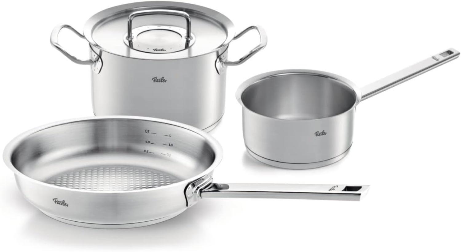 Fissler Original-Profi Collection / Edelstahl-Kochtopfset, 3-teilig, Topf mit Metall-Deckel (1 Kochtopf,1 Pfanne-unbeschichtet, 1 Stielkasserolle-deckellos) - Induktion Bild 1