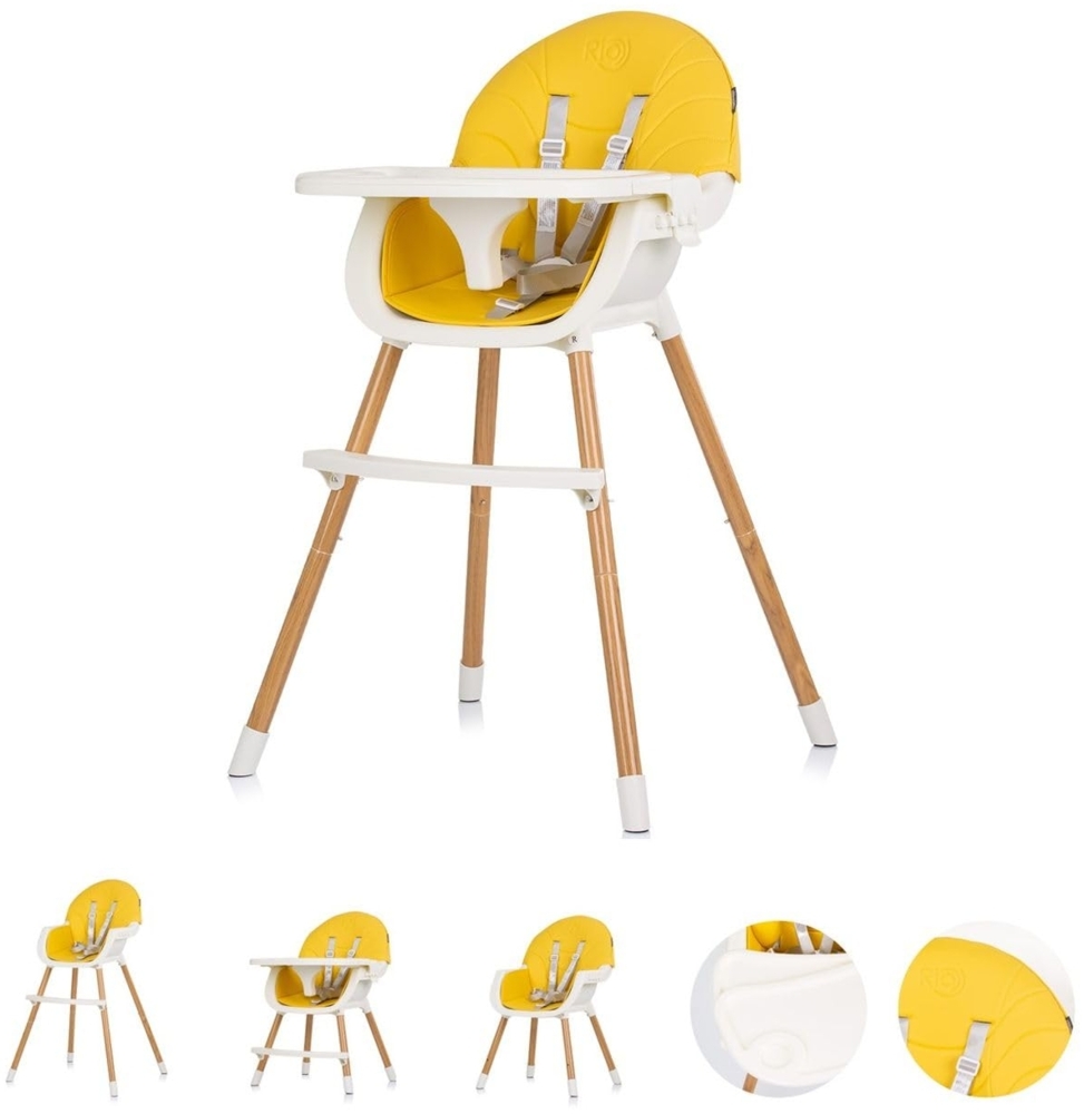 Chipolino Kinderhochstuhl Rio 2 in 1, Kinderstuhl rutschfeste Beine 5-Punkt-Gurt gelb weiß Bild 1