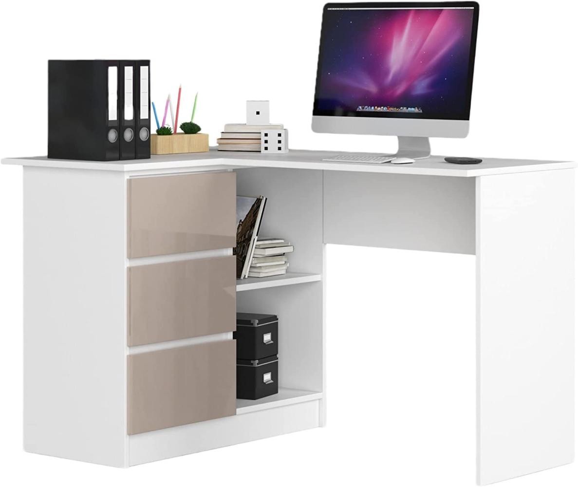 AKORD Eck-Schreibtisch B-16 mit 3 Schubladen und 2 Ablagen | Schreibtisch | ecktisch | Eck Schreibtisch für Home Office | Einfache Montage | B124 x H77 x T85, 48 kg Weiß/Glänzender Cappuccino Bild 1