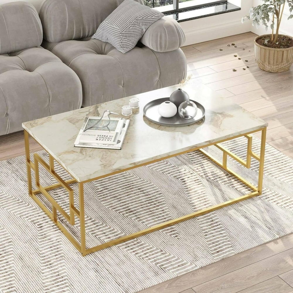 Dmora - Wohnzimmertisch Cygnus, Niedriger Wohnzimmertisch, Kaffeeregal, Couchtisch für Sofa, 100x60h40 cm, Weißer Marmor und Gold Bild 1