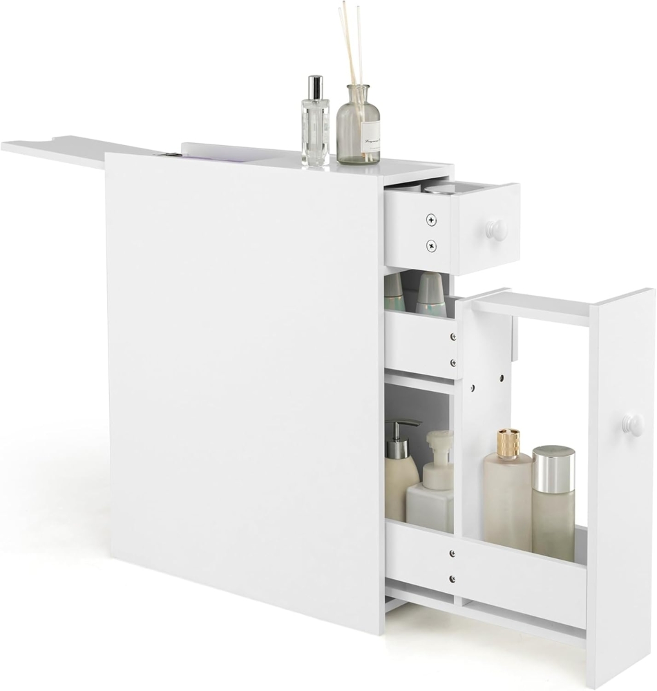 COSTWAY Nischenregal mit Schubladen, schmaler Nischenschrank aus Holz, Badschrank, Badregal, Seitenschrank, Küchenschrank, Mehrzweckschrank für Bad, Küche, Wohnzimmer, 16 x 48 x 58 cm (Weiß) Bild 1