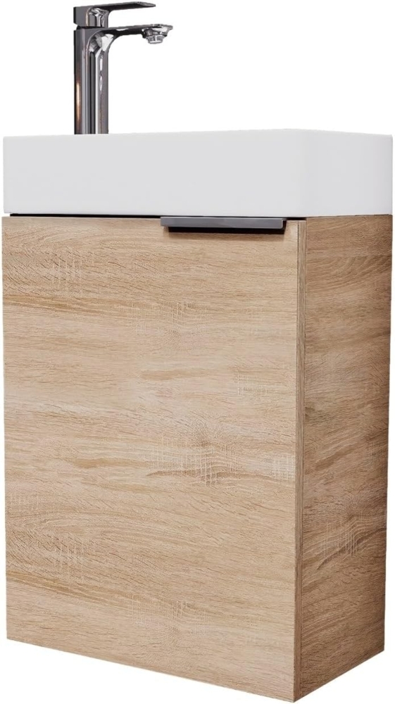 Planetmöbel Waschtisch mit Unterschrank 40cm in Sonoma Eiche mit Waschbecken & Armatur in Chrom, Badmöbel Set für Bad, Gäste WC Bild 1