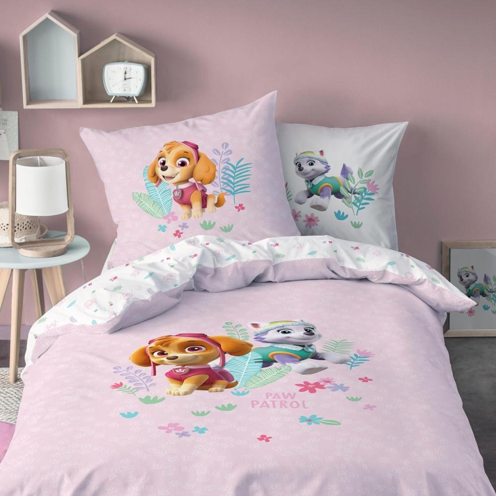 MTOnlinehandel Kinderbettwäsche Paw Patrol Biber/ Flanell in 135x200 + 80x80 cm, 100% Baumwolle, 2 teilig, Skye & Everest, kuschelig und weich, rosa, Mädchen Bild 1