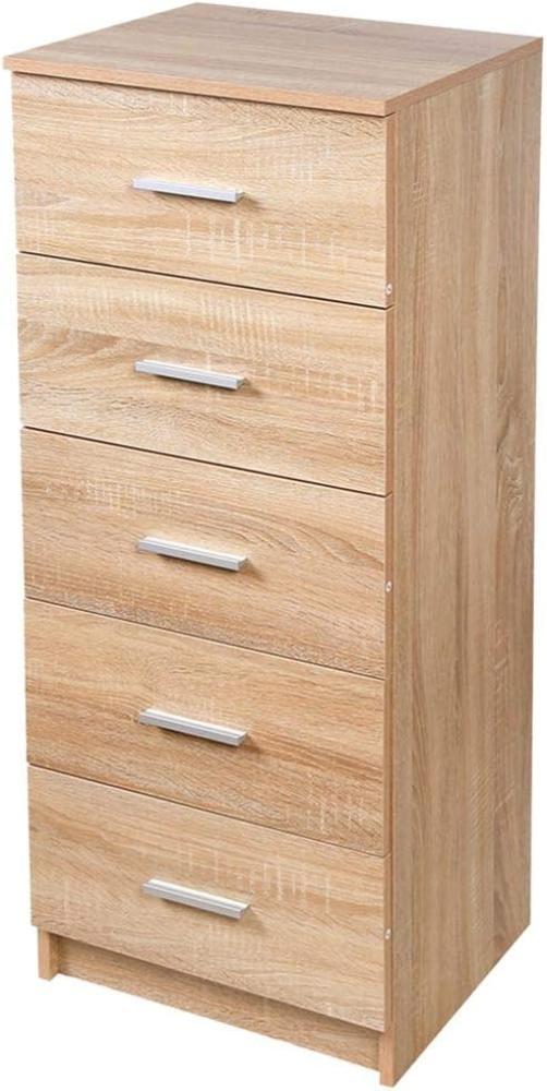 BAKAJI GTSC06 Oak Kommode Schrank 5 Schubladen aus MDF Holz Metallknöpfe modernes Design Möbel Haus Schlafzimmer Größe 35 x 41 x 108 cm (Eiche), Unica Bild 1