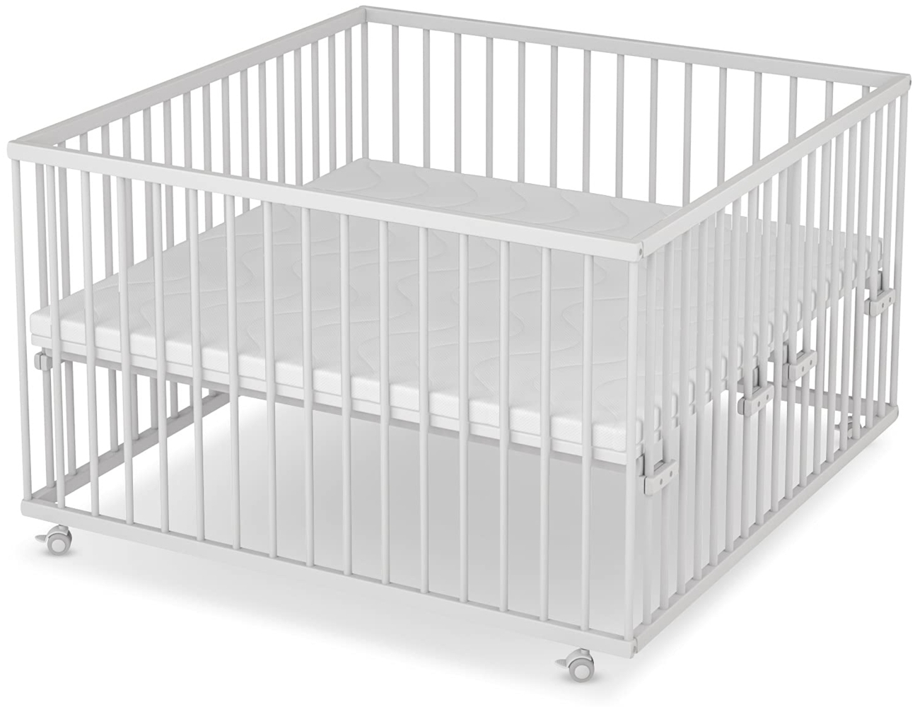 Sämann Laufstall Baby mit Matratze SleepPlus, Lattenrost und Schlupfsprossen | stufenlos höhenverstellbar | Laufgitter Premium | Babybett aus Holz | Krabbelgitter (weiß, 120x120 cm) Bild 1