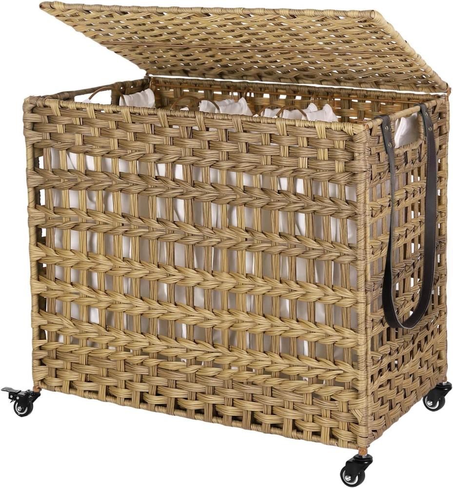 Songmics handgeflochtener Wäschekorb mit 3 Fächern, Deckel, Griffen und herausnehmbare Taschen, Polyrattan naturfarben, 66 x 35 x 60,5 (BxTxH) cm Bild 1