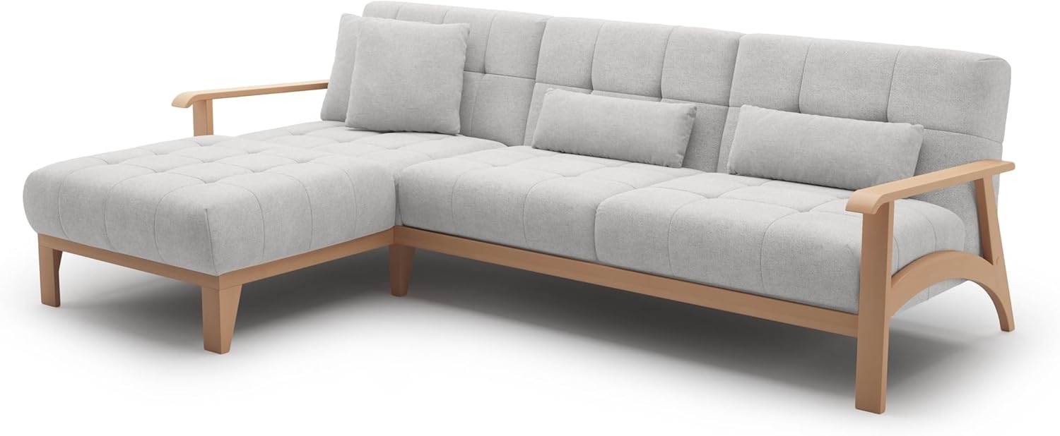 Cavadore Ecksofa Billan / Schlafsofa im skandinavischen Design mit Longchair, Bett und massivem Holzgestell in Buche / 264 x 88 x 183 / Mikrofaser, Hellgrau Bild 1