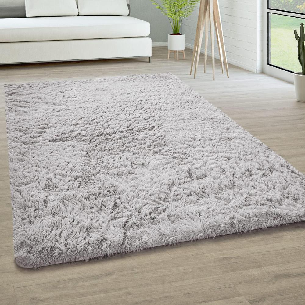 Paco Home Hochflor Teppich Wohnzimmer rutschfest Fellteppich Shaggy Flauschig Weich Modern Kunstfell Fell Imitat Einfarbig, Grösse:160x220 cm, Farbe:Silber Bild 1