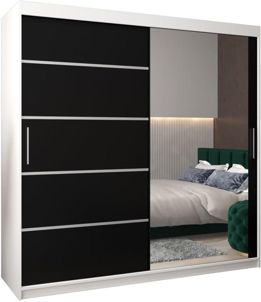 Schwebetürenschrank Verona 2-200 cm mit Spiegel Kleiderschrank mit Kleiderstange und Einlegeboden Schlafzimmer- Wohnzimmerschrank Schiebetüren Modern Design (Weiß + Schwarz) Bild 1