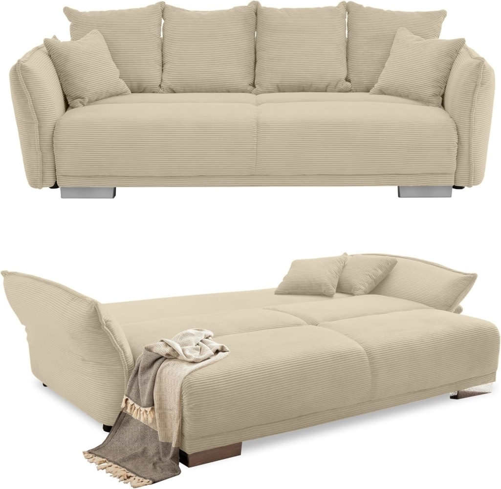 BIG-SOFA mit Schlaffunktion, Bettkasten, Federkern, Armlehnen verstellbar B242/T131/H90 cm, Liegefläche 168x199 cm, Cord Beige Grau Bild 1
