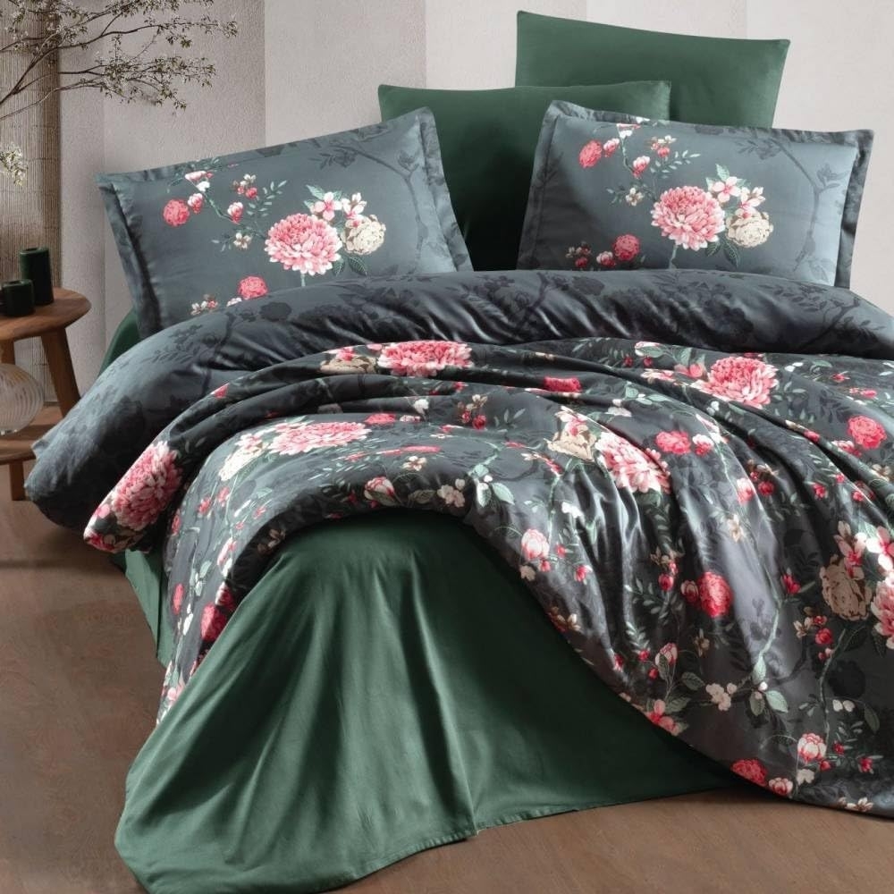 yadetextil Bettwäsche Satin Bettwäsche 240x220 cm – 5-teiliges Set, Alfon, Satin, 5 teilig, in Dunkelgrün Blumenmotiven,Rosa,Rot,Beige Bild 1