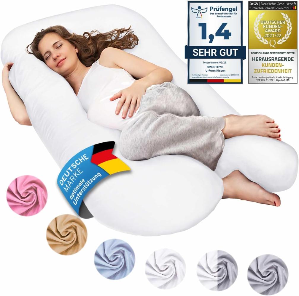 SMOOTHY Schwangerschaftskissen, Seitenschläferkissen, Lagerungskissen, Baby-Kissen & Stillkissen in U-Form mit abnehmbarem & waschbarem Bezug aus 100% Baumwolle (Junior XL, 120x70 cm, Weiß) Bild 1