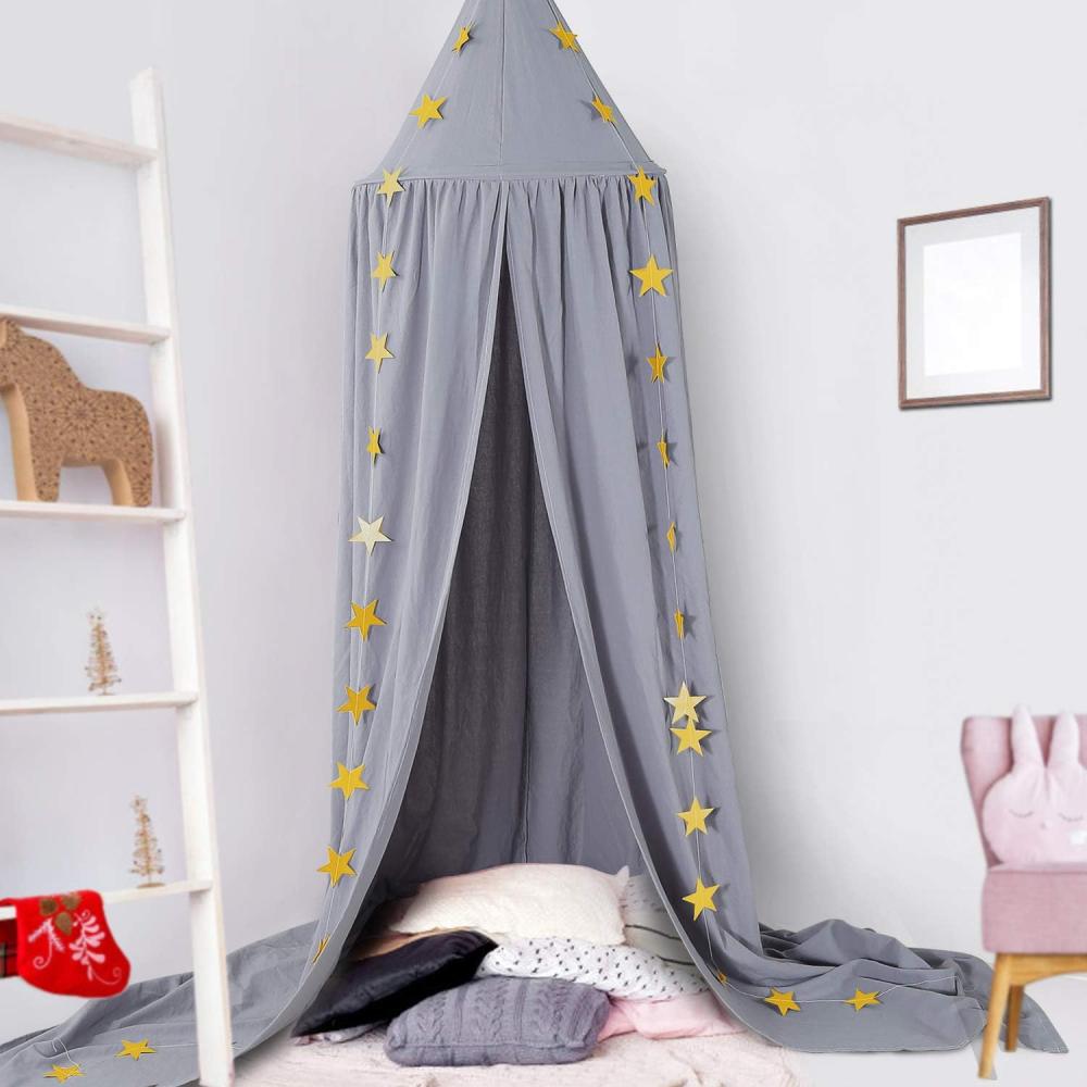 Baby Baldachin, Betthimmel Kinder, Ceekii Babys Bett Kinderzimmer Bettvorhang Baumwolle Deko Moskitonetz für Prinzessin Spielzelte Babybett & Schlafzimmer Dekoration mit Sternengirlande (Grau) Bild 1