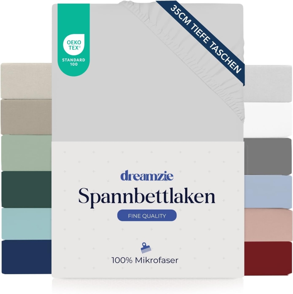 Dreamzie Spannbettlaken 140x200 cm - 35 cm Tiefe Tasche - 100% Mikrofaser Bettlaken - Grau, Schadstoffgeprüft (Oeko TEX), Bettlaken mit Gummizug Bild 1