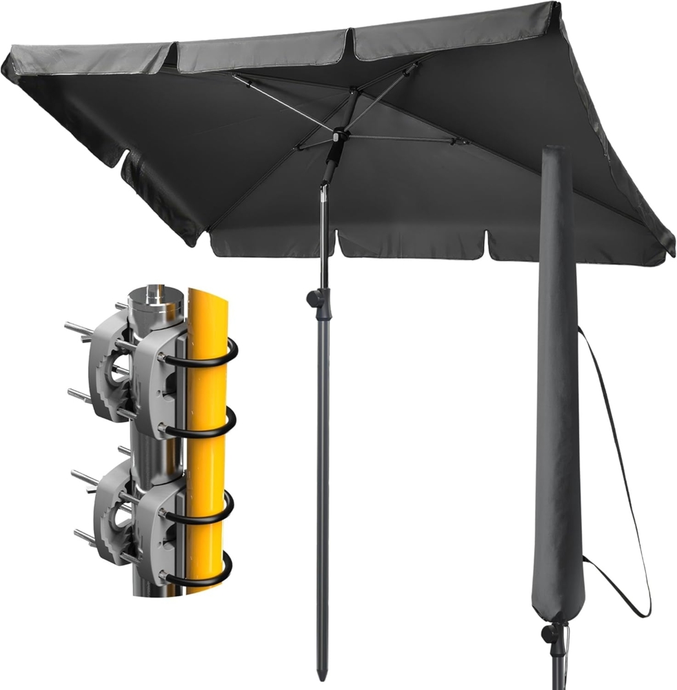 4smile Sonnenschirm Balkon SunnyShade, Sonnnenschutz Balkon SET 4-in-1, Anthrazit - UV50+ SunnyEasy Sonnenschirm rechteckig 200x125 cm + 2 x Sonnenschirmhalter Balkongeländer + Sonnenschirmhülle Bild 1