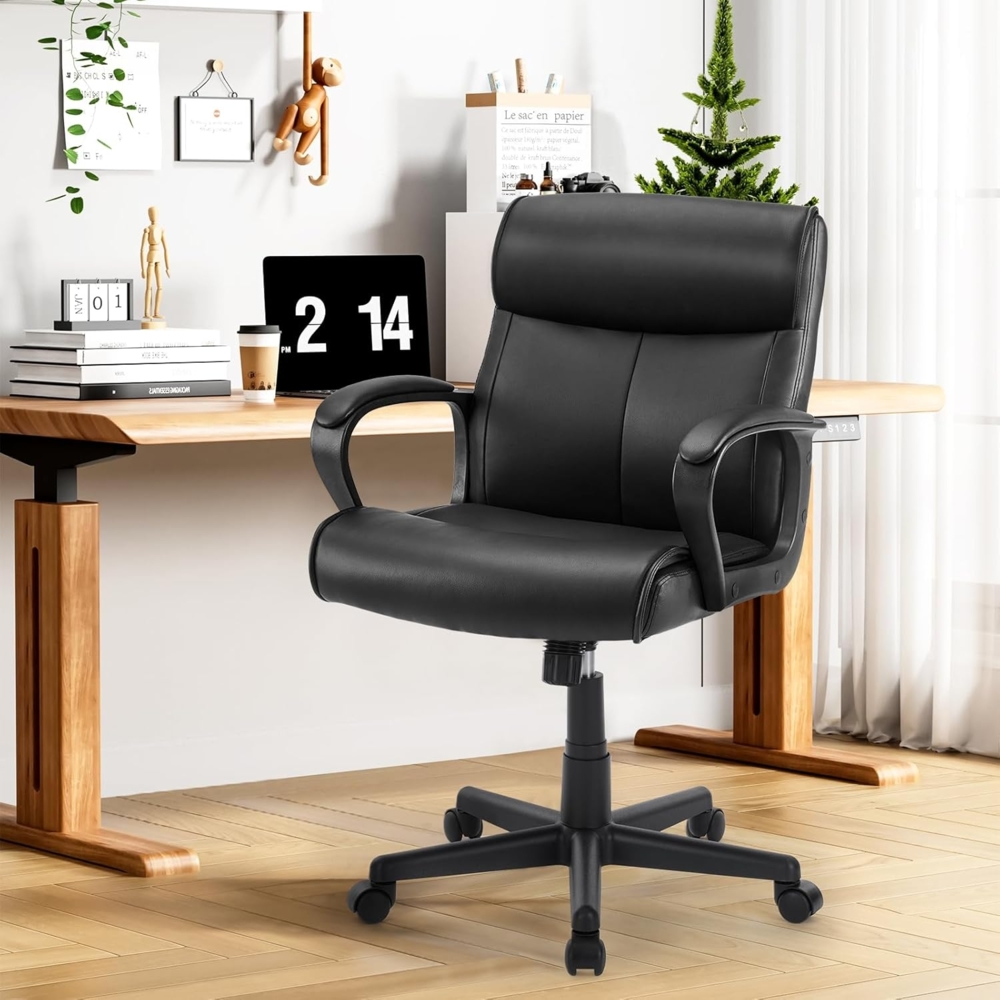 Sweetcrispy Chefsessel Bürostuhl Ergonomisch, PU Leder Schreibtischstuhl mit Armlehnen, Ergonomischer Computerstuhl mit Einstellbare Rückenlehne, PC Drehstuhl für Arbeit Ruhe, Klassisch Schwarz Bild 1