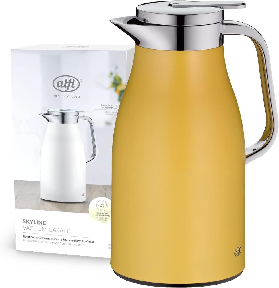 alfi SKYLINE 1,0l, spicy mustard mat, Edelstahl-Isolierkanne mit hygienischem Hartglaseinsatz, Drehverschluss mit bequemer Drucktaste, ergonomischer Griff, mit einer Hand, ideal als Kaffeekanne Bild 1