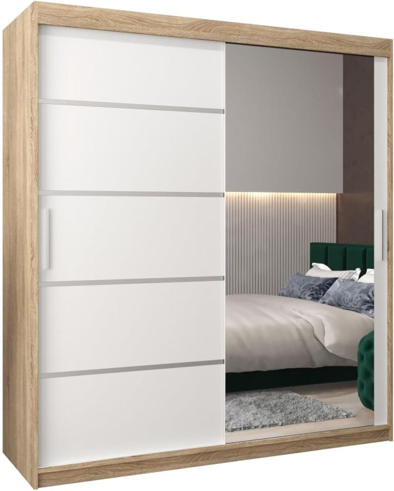 Schwebetürenschrank Verona 2-180 cm mit Spiegel Kleiderschrank mit Kleiderstange und Einlegeboden Schlafzimmer- Wohnzimmerschrank Schiebetüren Modern Design (Sonoma + Weiß) Bild 1