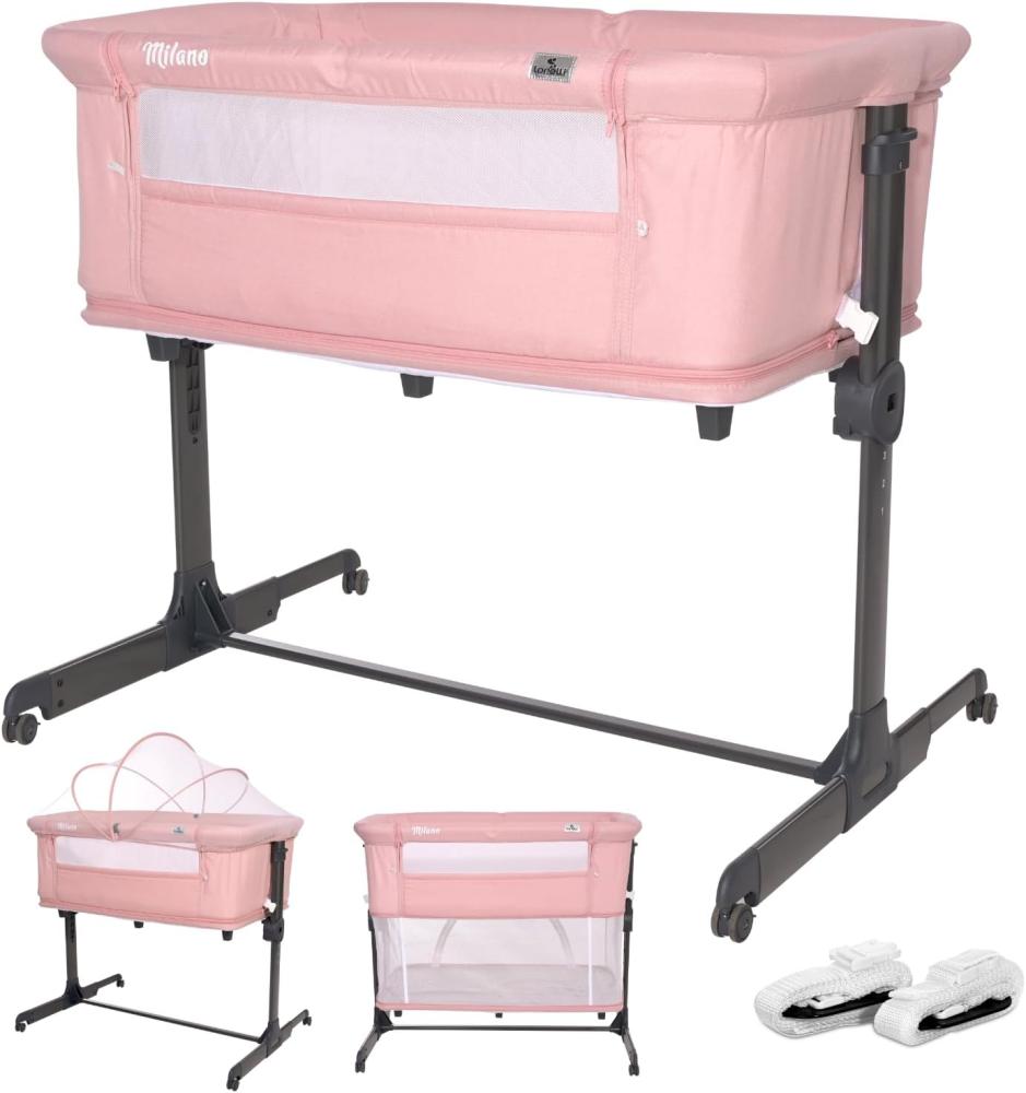 Lorelli Beistellbett Milano 2in1 ab Geburt Matratze höhenverstellbar Moskitonetz rosa Bild 1