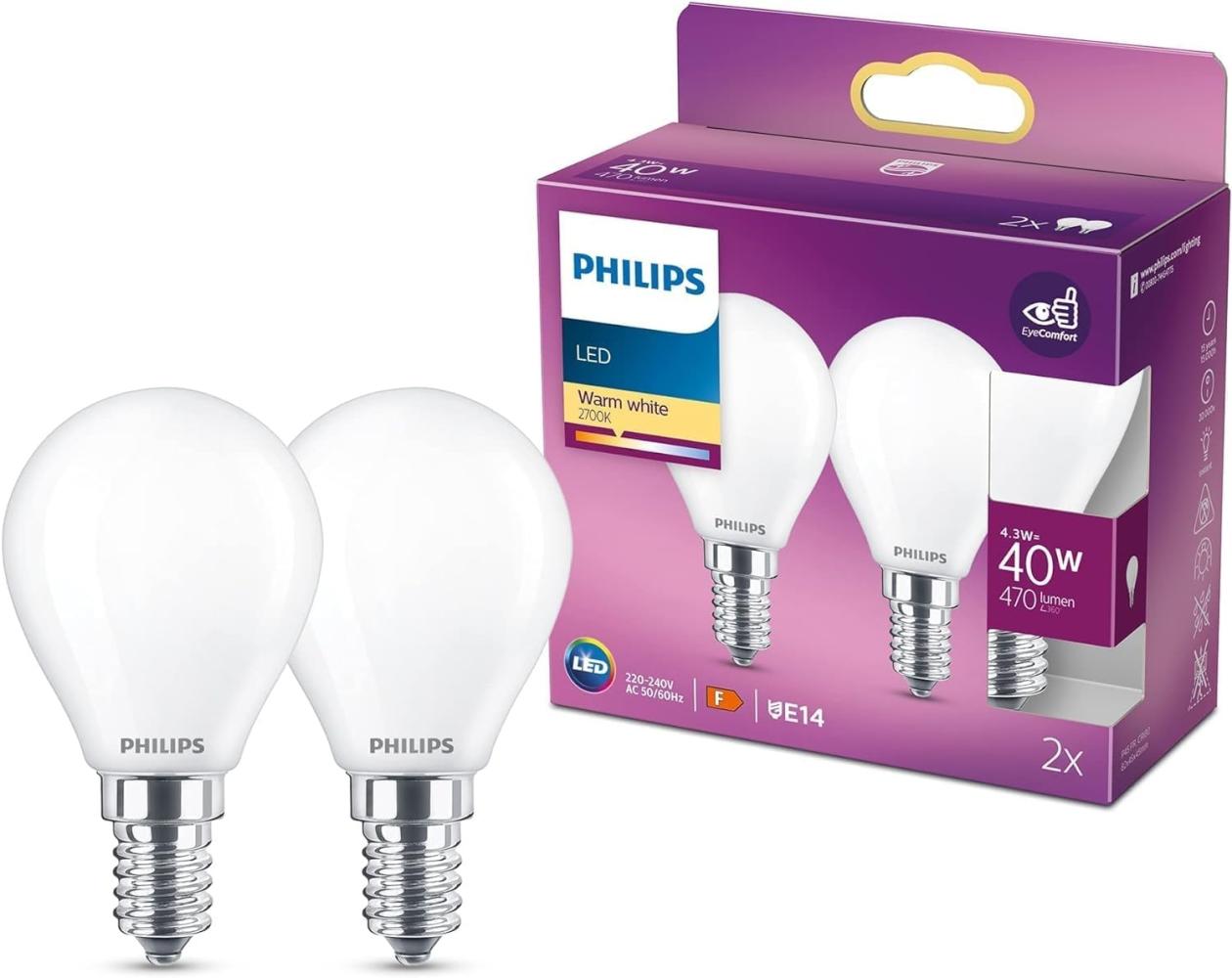 Philips LED E14 P45 2er Set Leuchtmittel 4,3W 470lm 2700K warmweiss 4,5x4,5x8,2cm Bild 1