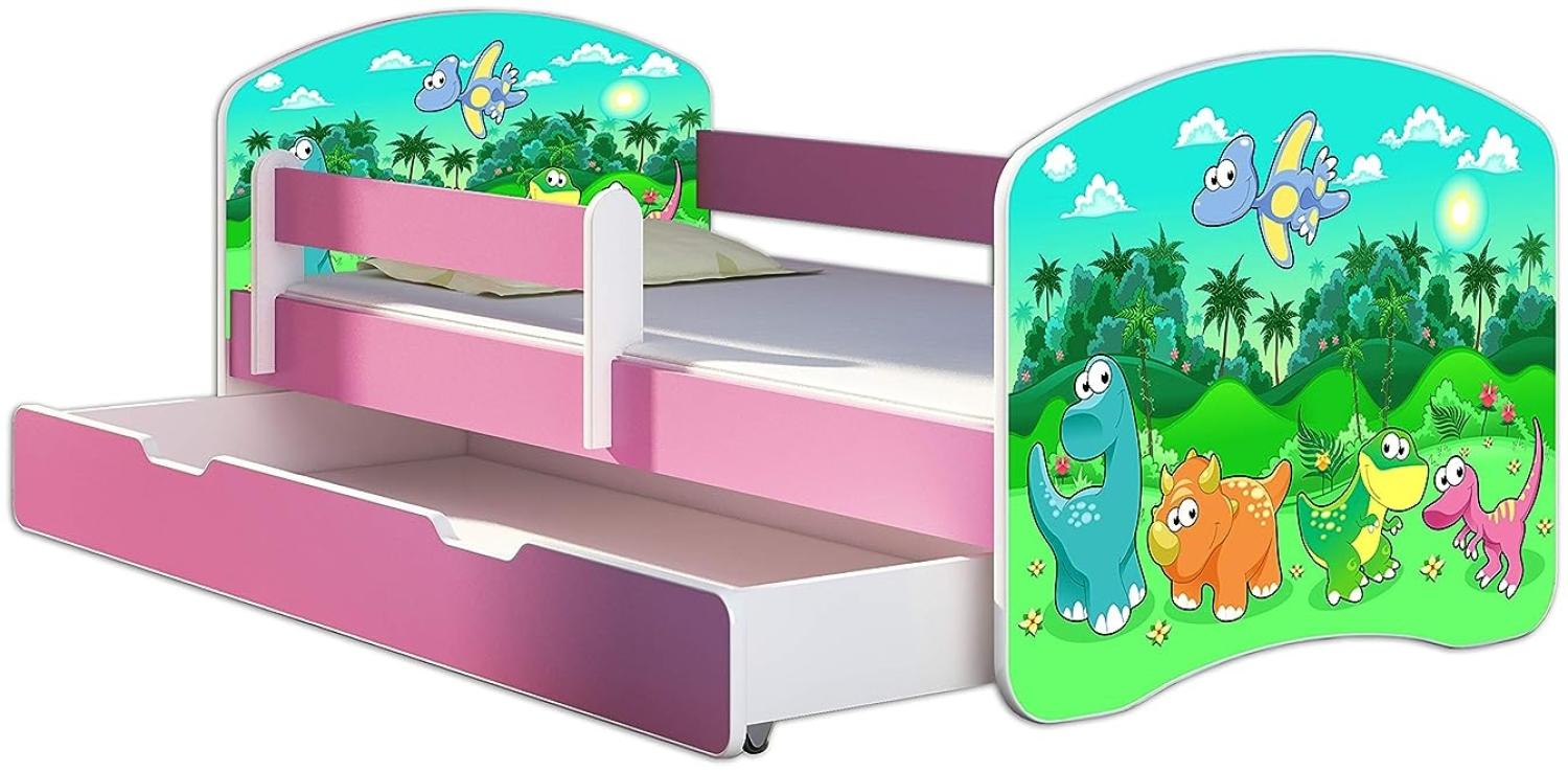 Kinderbett Jugendbett mit einer Schublade und Matratze Rausfallschutz Rosa 70 x 140 80 x 160 80 x 180 ACMA II (30 Dino, 80 x 160 cm mit Bettkasten) Bild 1