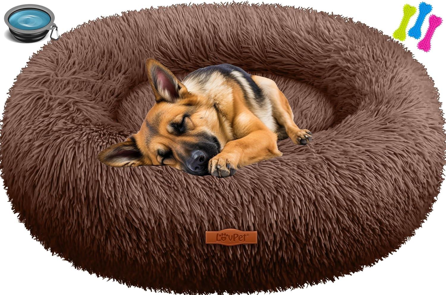 Lovpet® Hundebett Bagel, Waschbar, Inkl. Napf + 3X Kauknochen, flauschig, Rund, aus Plüsch für Kleine, Mittelgroße & Große Hunde, Katzen [3XL, Ø 100cm Braun] Bild 1