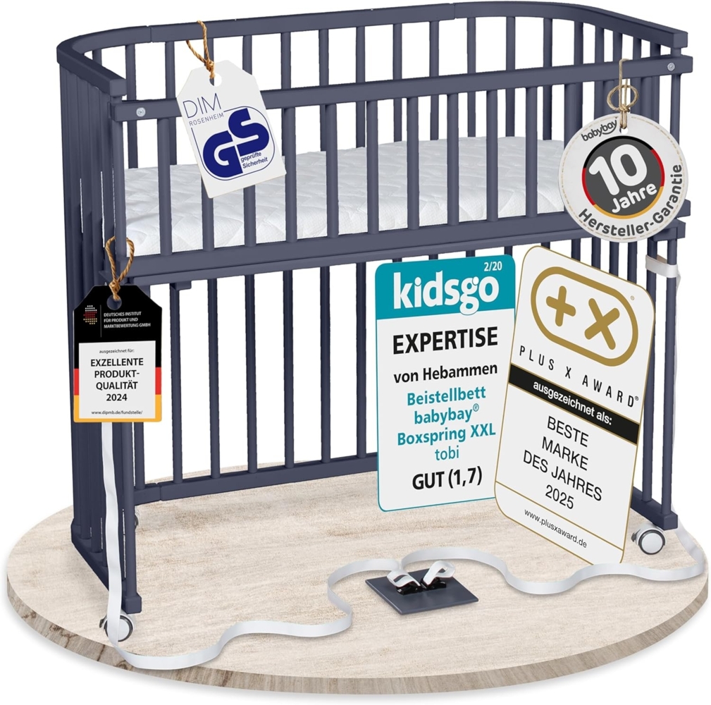 babybay Boxspring XXL Beistellbett, schiefergrau lackiert, mit Matratze, Gitter und Rollen Bild 1