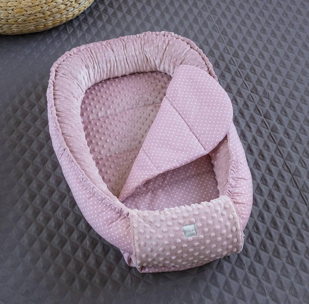 Mini PUNKTE Rosa/MINKY Altrosa Baumwolle Polar Fleece Babynest Neugeborene Baby Unterlage Reisebett Nestchen SOLO/o. Ausstattung SET für Mädchen (Nestchen + MATRATZE (Ersatzboden)) Bild 1