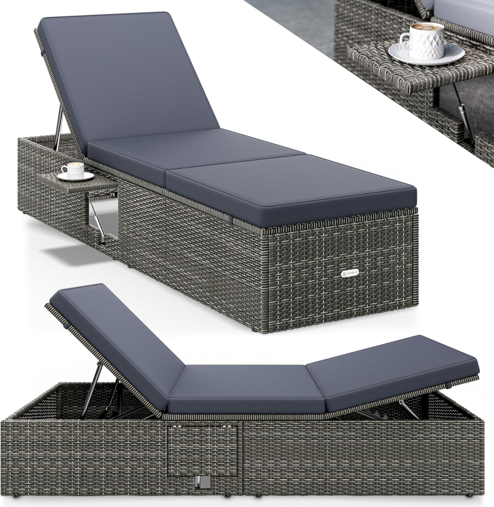 Casaria Gartenliege mit Klapptisch, wetterfest, 7-fach höhenverstellbar, Polyrattan grau / anthrazit, 200 x 58 x 33 cm Bild 1