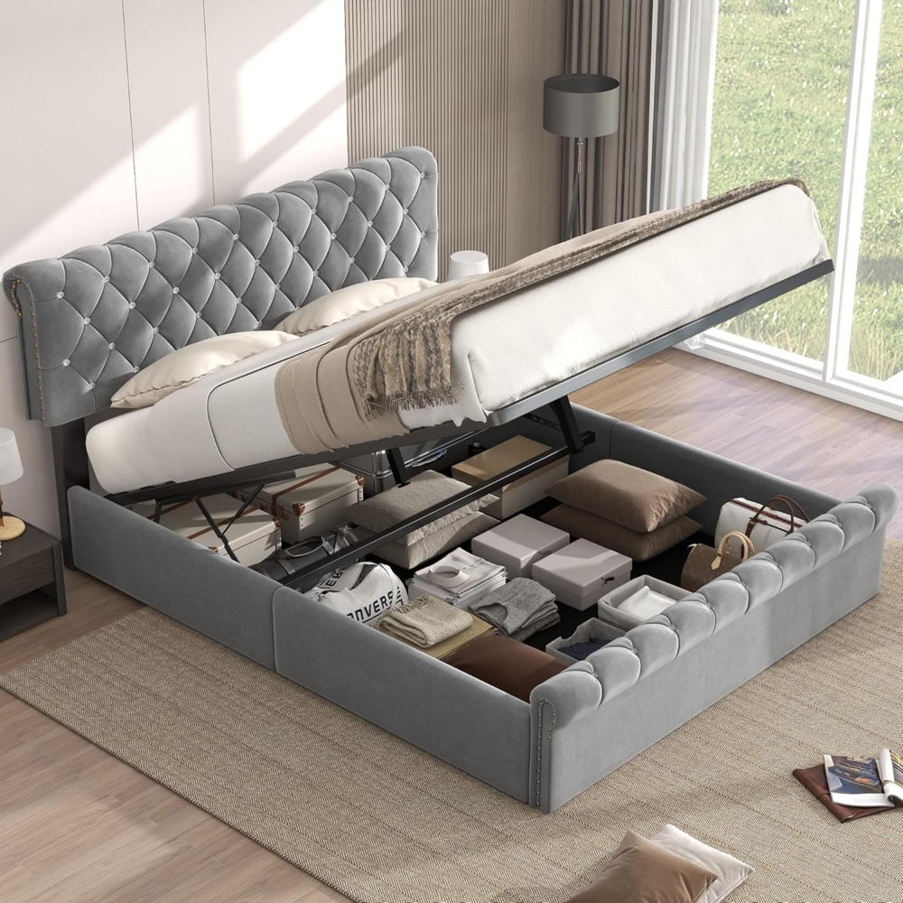OKWISH Schlafsofa Daybett Tagesbett Doppelbett Stauraumbett Kinderbett Polsterbett, Multifunktionsbett mit LED-Lichtleiste, USB-Steckdose und Lattenrost aus hautsympathischem Samtstoff - ideal für Wohnzimmer und Gästezimmer, Ohne Matratze Bild 1