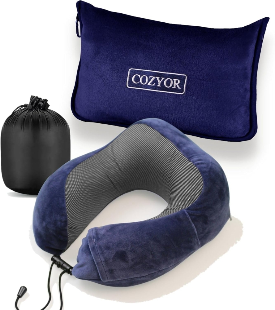 Cozyor Nackenstützkissen Memory Nackenkissen mit verstellbarem Verschluss + praktischer Tasche, Bezug: waschbarer Bezug, Spar-Set, Reise-Set mit Reisedecke & Nackenkissen wahlweise mit Augenmaske Bild 1