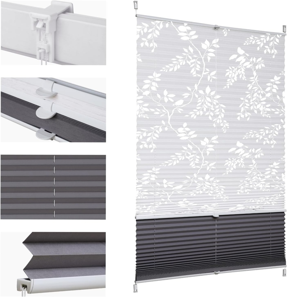 Sekey Plissee Doppelplissee Day+Night Verdunkelung ohne Bohren verspannt Lichtschutz Klemmfix Lichtdurchlässig Ausbrenner-Muster 55x120 cm Druck & Grau Bild 1