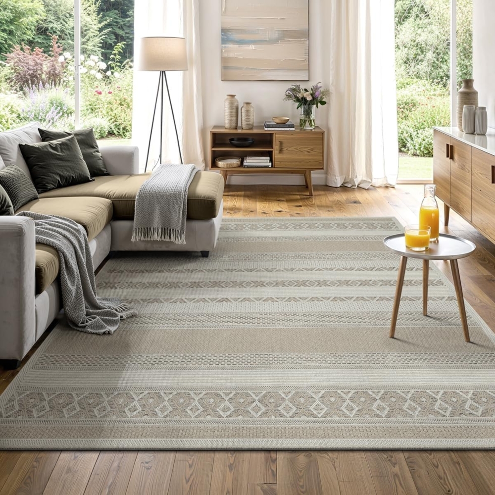 the carpet Calgary - robuster Teppich, Flachgewebe, modernes Design, ideal für Küche und Esszimmer, Vintage-Optik, Boho-Style, besonders flach, auch für den Außenbereich, Beige, 67x180 cm Bild 1