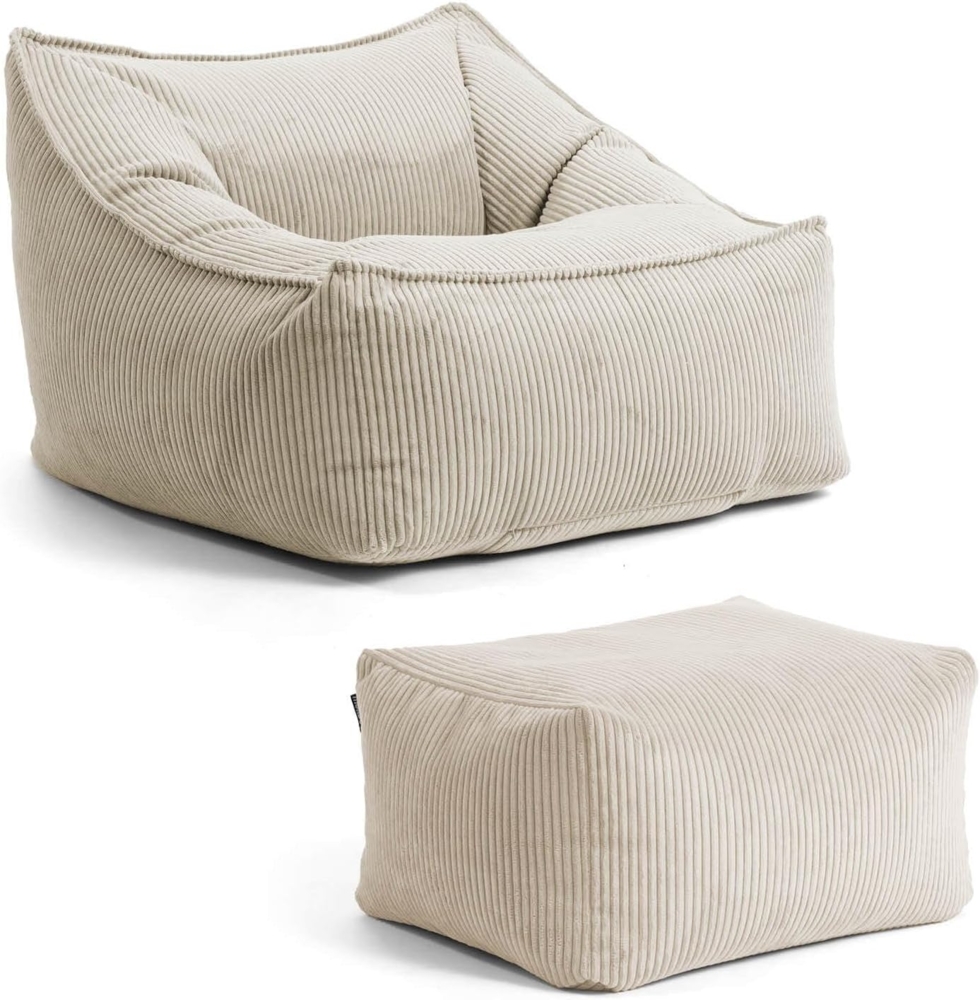 mokebo Sitzsack Sessel mit Hocker aus Cord 'Der Lümmel', XXL Sitzsack, Cord Sessel oder Sitz Sessel für Wohnzimmer und Wintergarten, auch als Riesensitzsack in 95 x 75 x 60 (BxHxT in cm) in Beige Bild 1