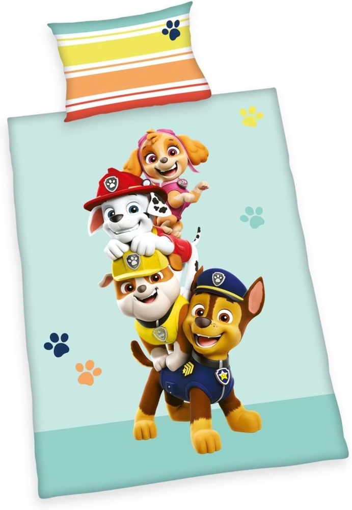 Herding Paw Patrol Bettwäsche-Set, Made in Green, Kopfkissenbezug 40x60 cm mit Hoteleinschlag, Bettbezug 100x135 cm, Mit Knopfverschluss, 100% Baumwolle/Flanell Bild 1