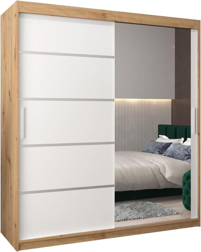 Kryspol Schwebetürenschrank Verona 2-180 cm mit Spiegel Kleiderschrank mit Kleiderstange und Einlegeboden Schlafzimmer- Wohnzimmerschrank Schiebetüren Modern Design (Artisan Eiche + Weiß) Bild 1