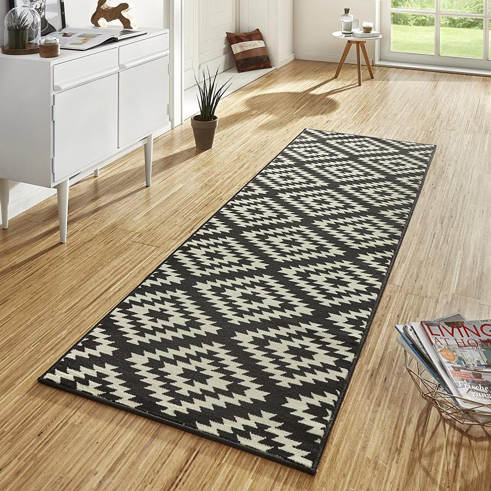 Kurzflor Teppich Läufer Nordic Schwarz Creme - 80x250x0,9cm Bild 1