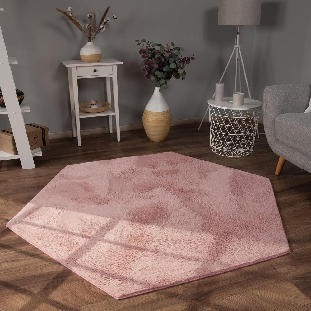 Paco Home Hochflor Teppich Wohnzimmer Flauschig Fellteppich Kunstfell Plüsch Shaggy Weich Fellimitat, Grösse:150x170 cm Sechseckig, Farbe:Pink Bild 1